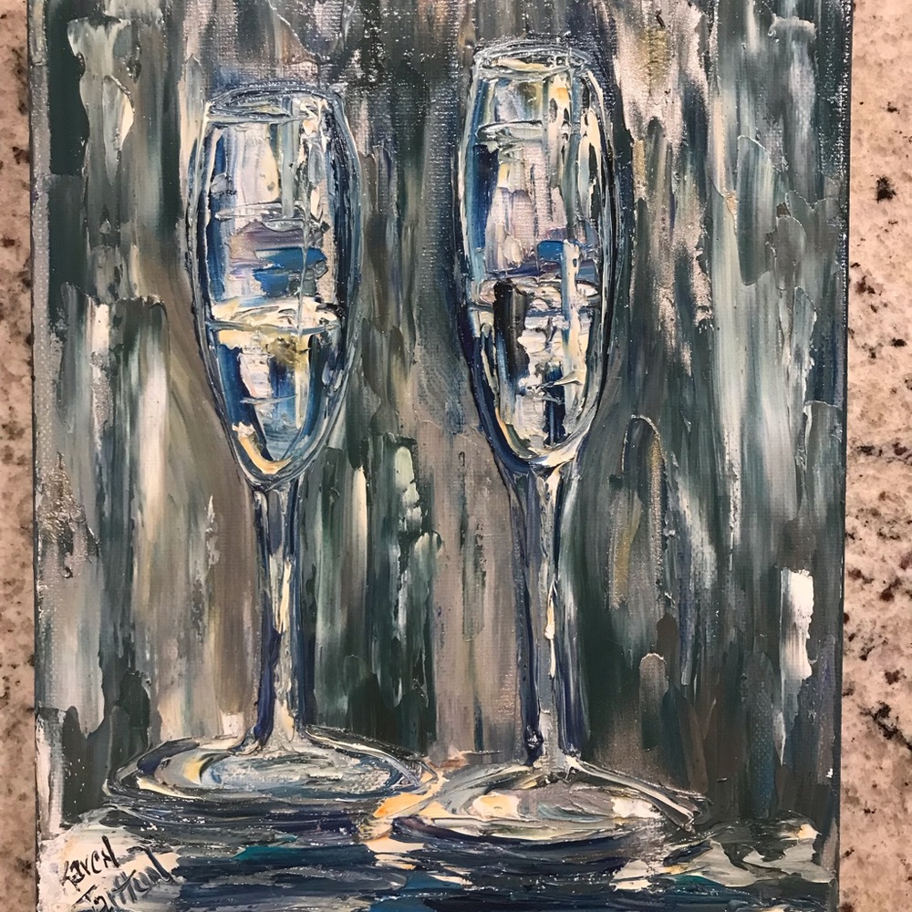 “Champagne Flutes” painting in blues and greens